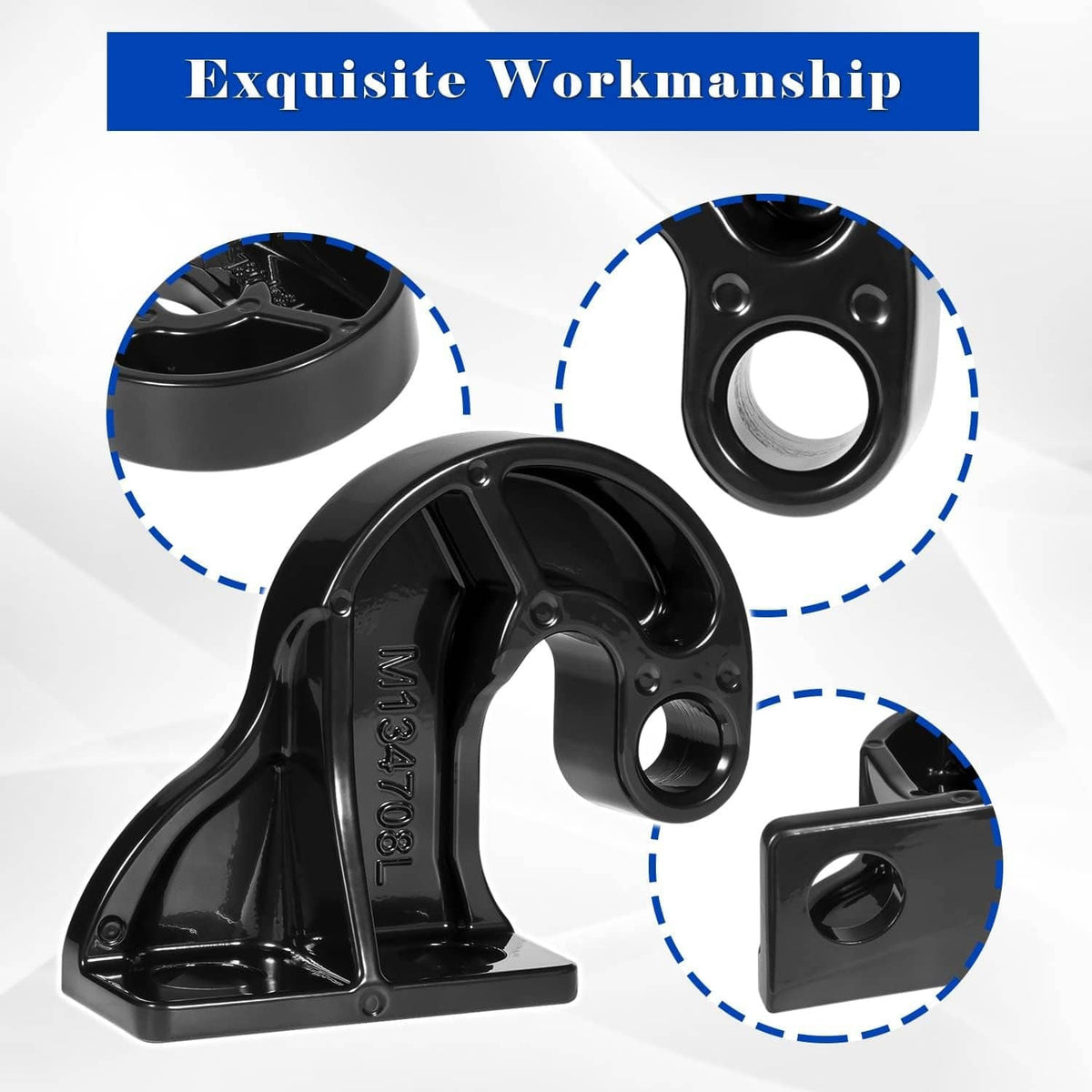 Glossy black hood pivot bracket with pivot arm and bushing hole, angled view