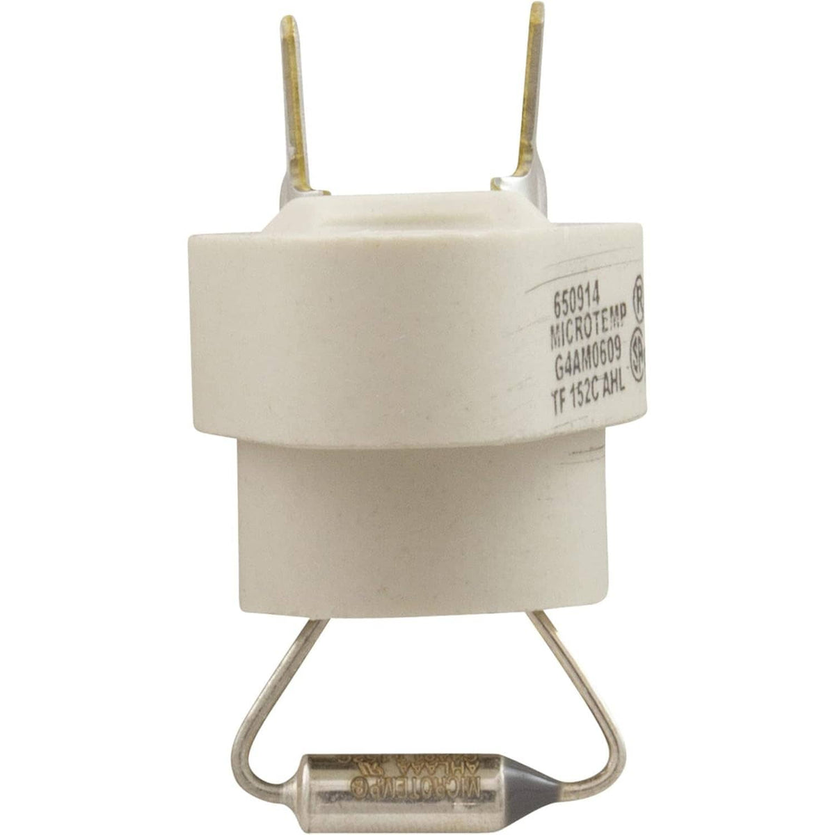 White thermal cut-off fuse socket with two top prongs and bottom wire leads