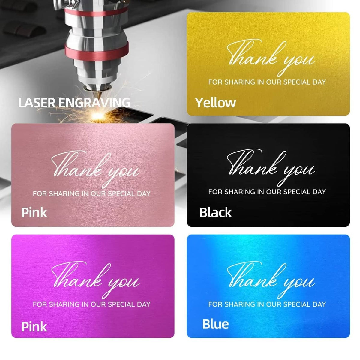 Laser-engraving metal business cards in yellow, pink, black, and blue with cursive text.