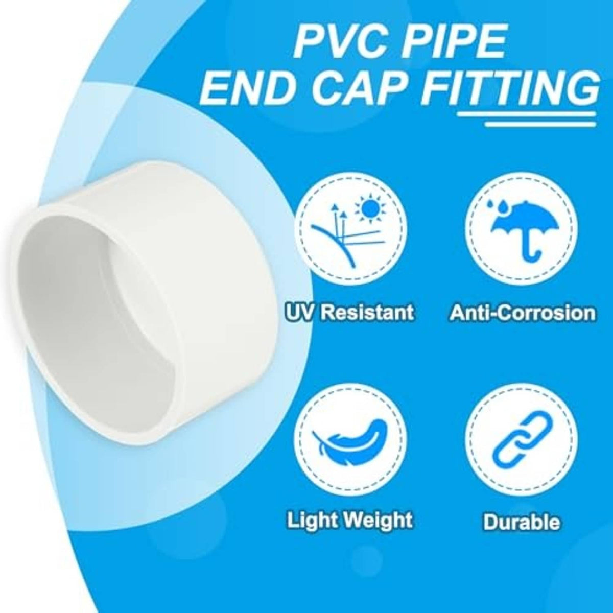White PVC pipe end cap fitting, open-ended round cylinder design.