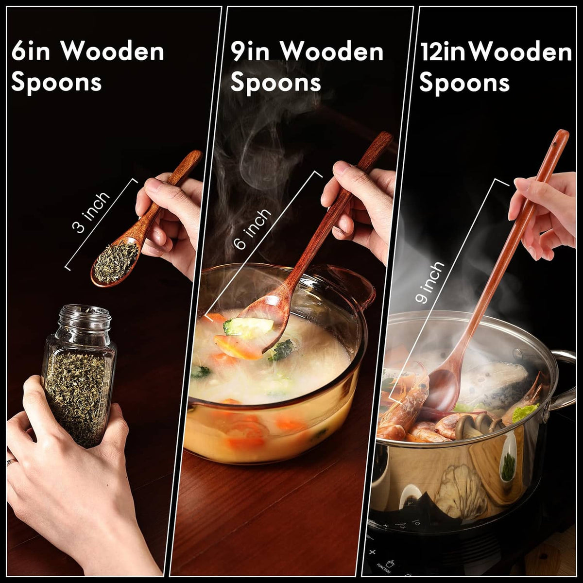 Hand holding a small brown wooden spoon above a pot, short handle and bowl