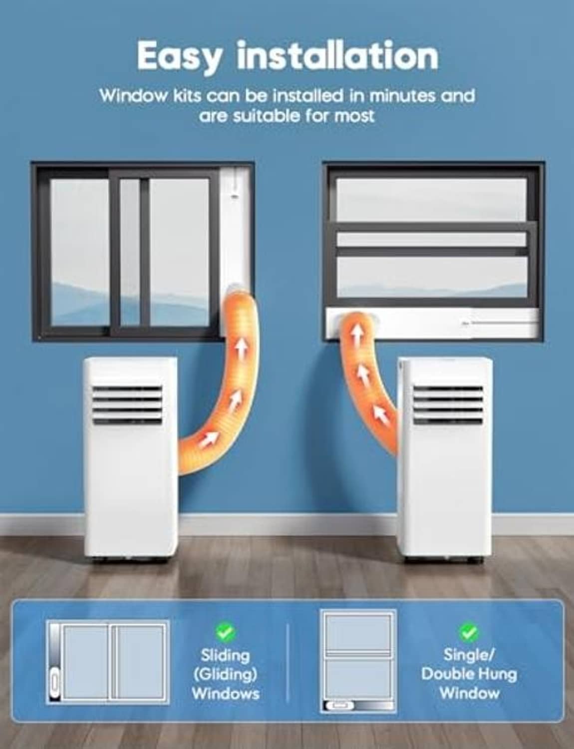 Portable air conditioner next to window opening for easy installation