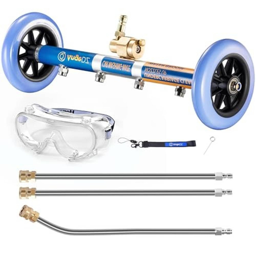 Pressure washer undercarriage water broom kit with blue wheels, brass manifold, and hoses.