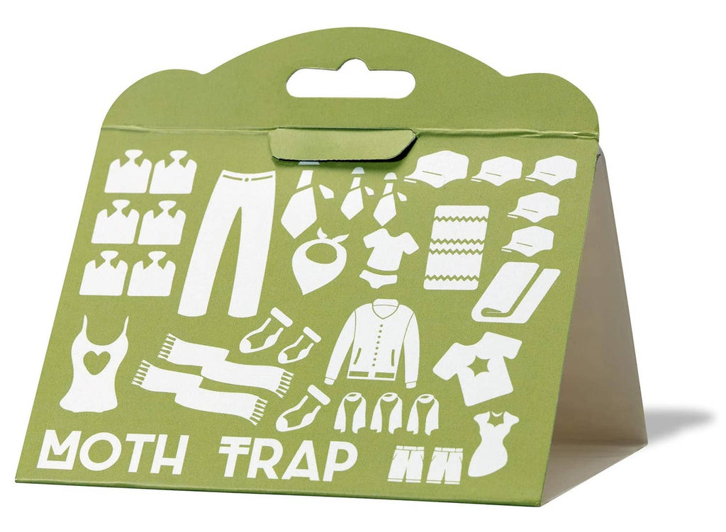Green clothes moth trap with white prevention icons and top handle cutout