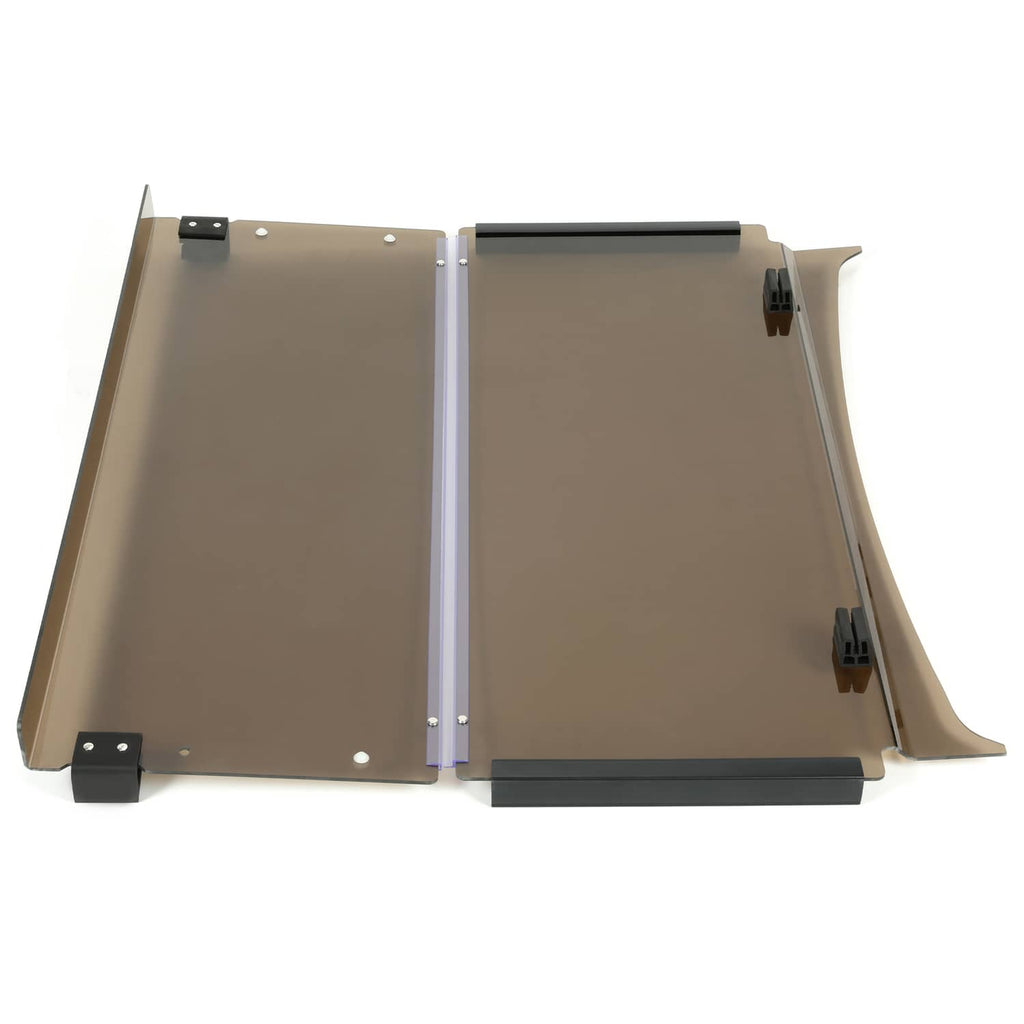 Tinted folding down windshield panel with silver frame and black mounting brackets