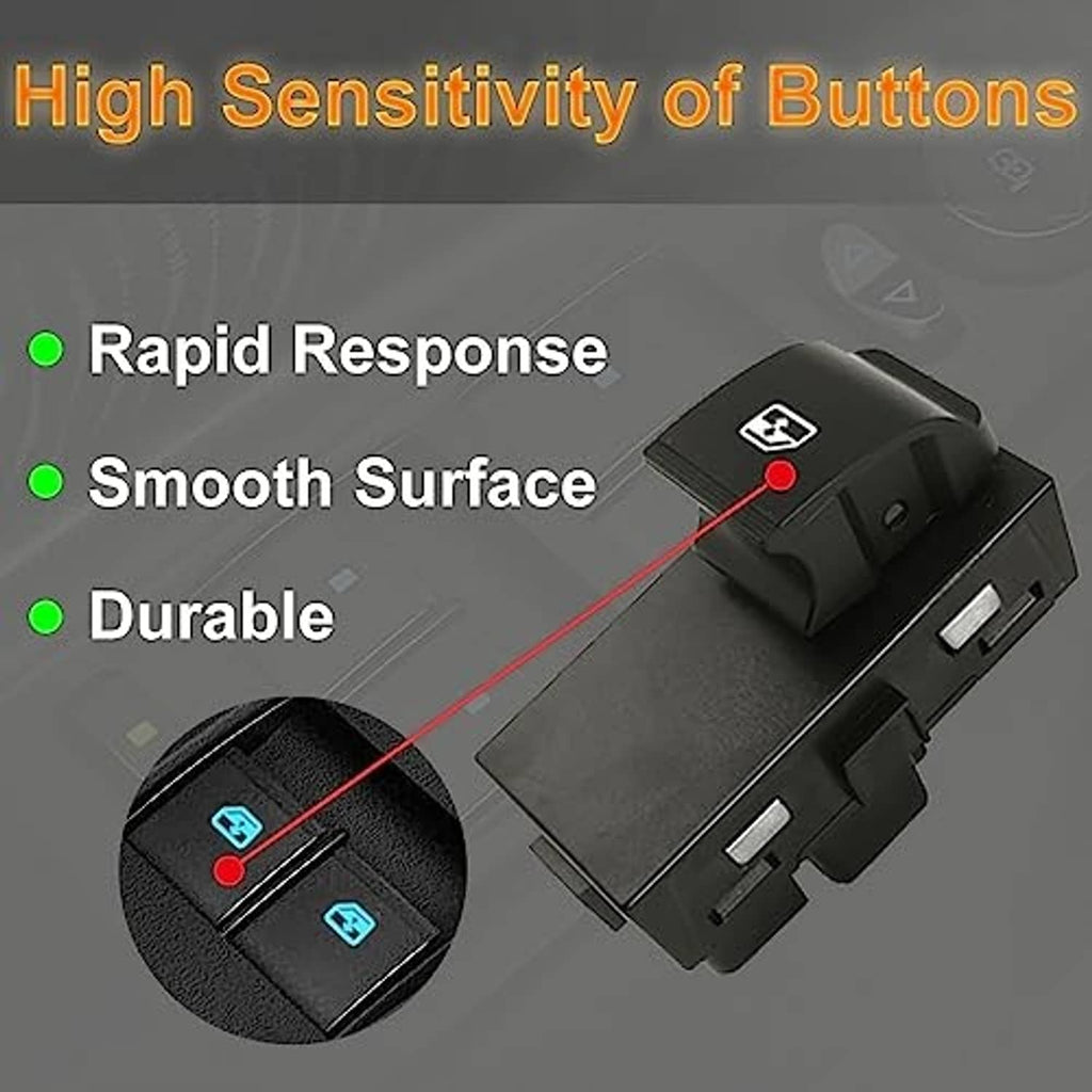 Power window switch control button, dark rocker with blue window icon and pins.