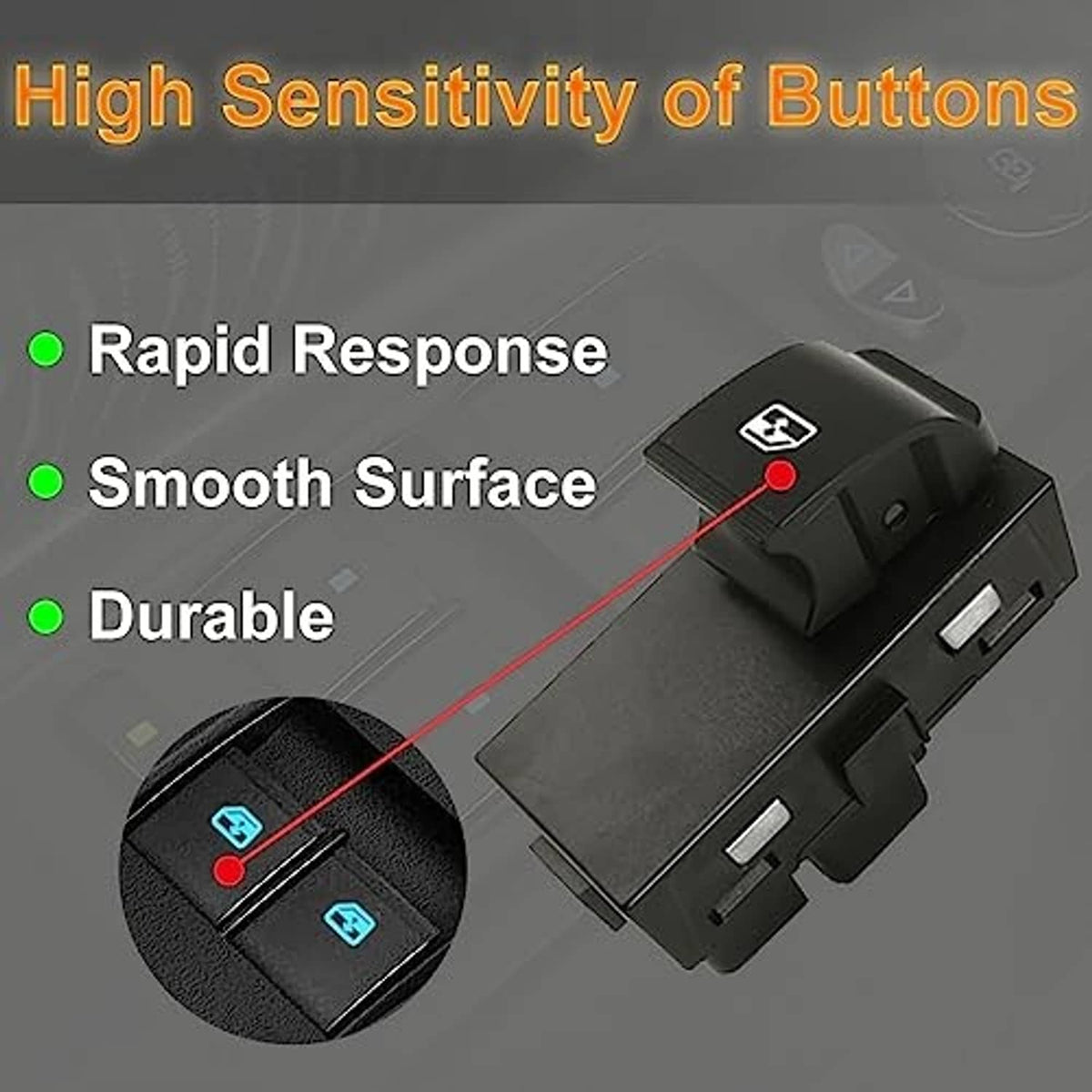 Power window switch control button, dark rocker with blue window icon and pins.