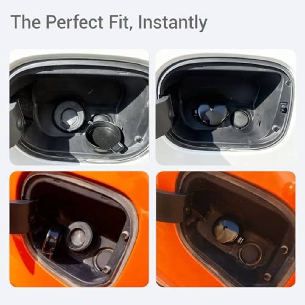 Vehicle fuel door opening with black gas cap cover and tether loop installed