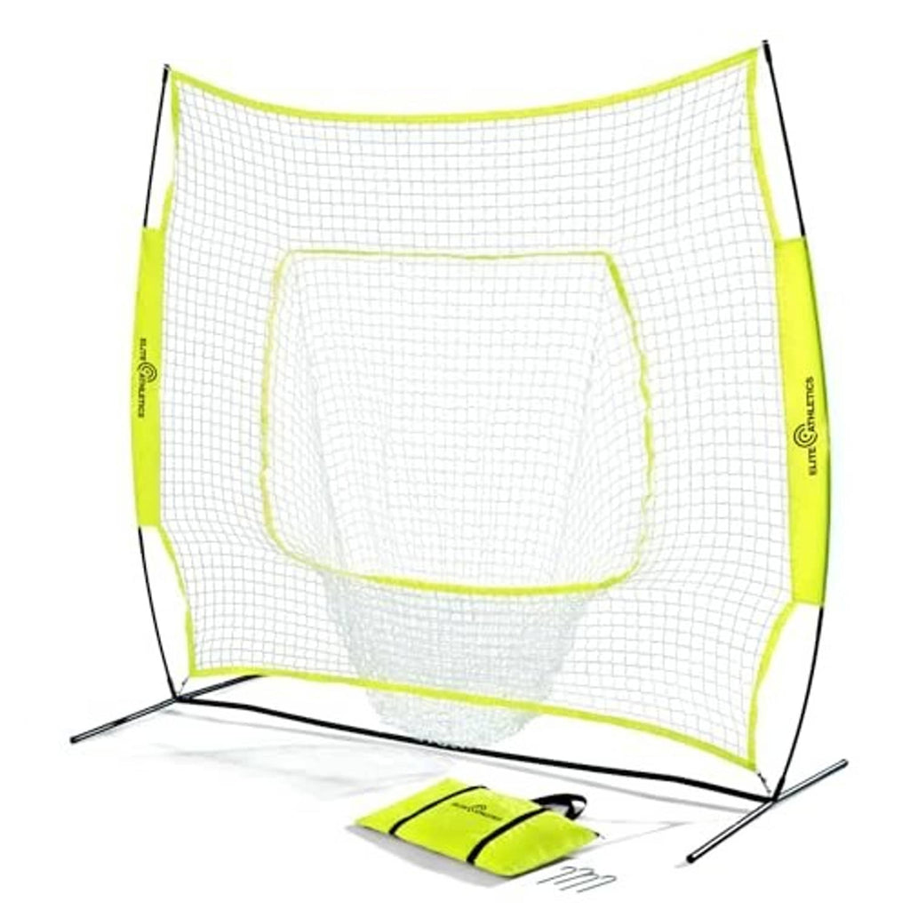 Baseball and softball practice net on bow frame, lime green sides and white mesh
