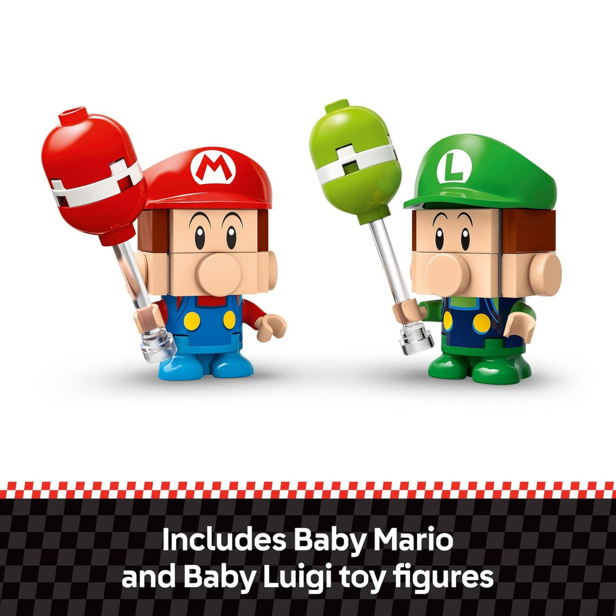 Baby Mario and Baby Luigi LEGO figures with green and red balloon launcher handles