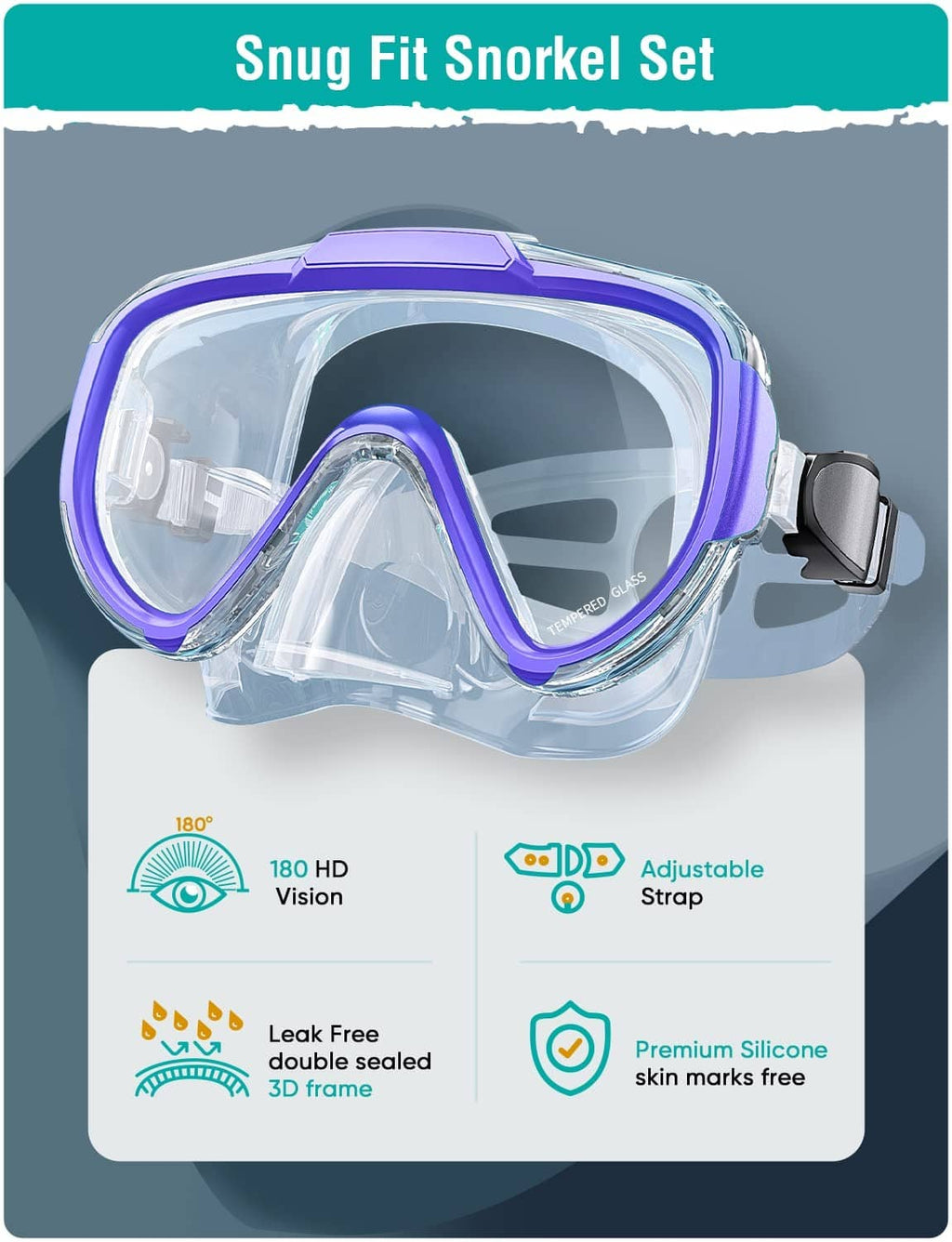Snorkeling goggles with clear shield and purple trim, adjustable side strap