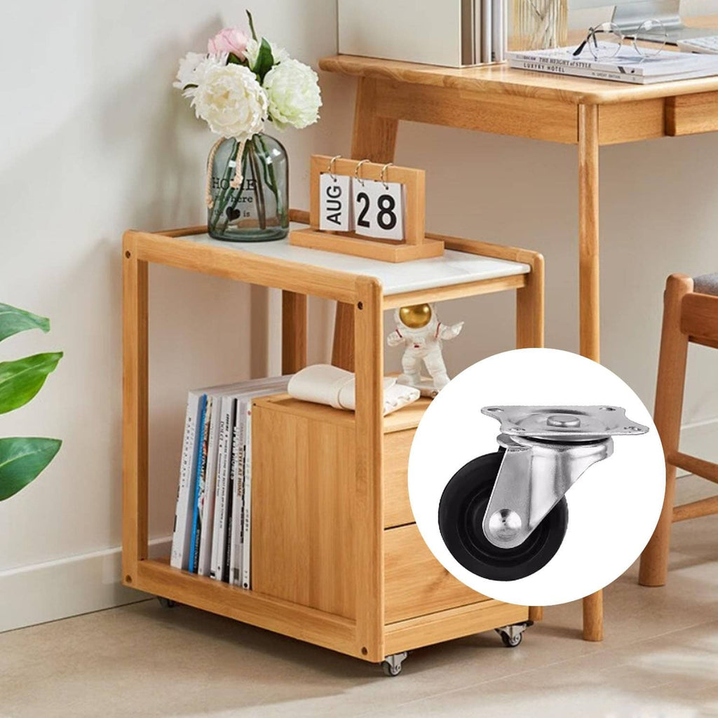 Swivel caster wheel set on rolling wooden cart base with black rubber tires