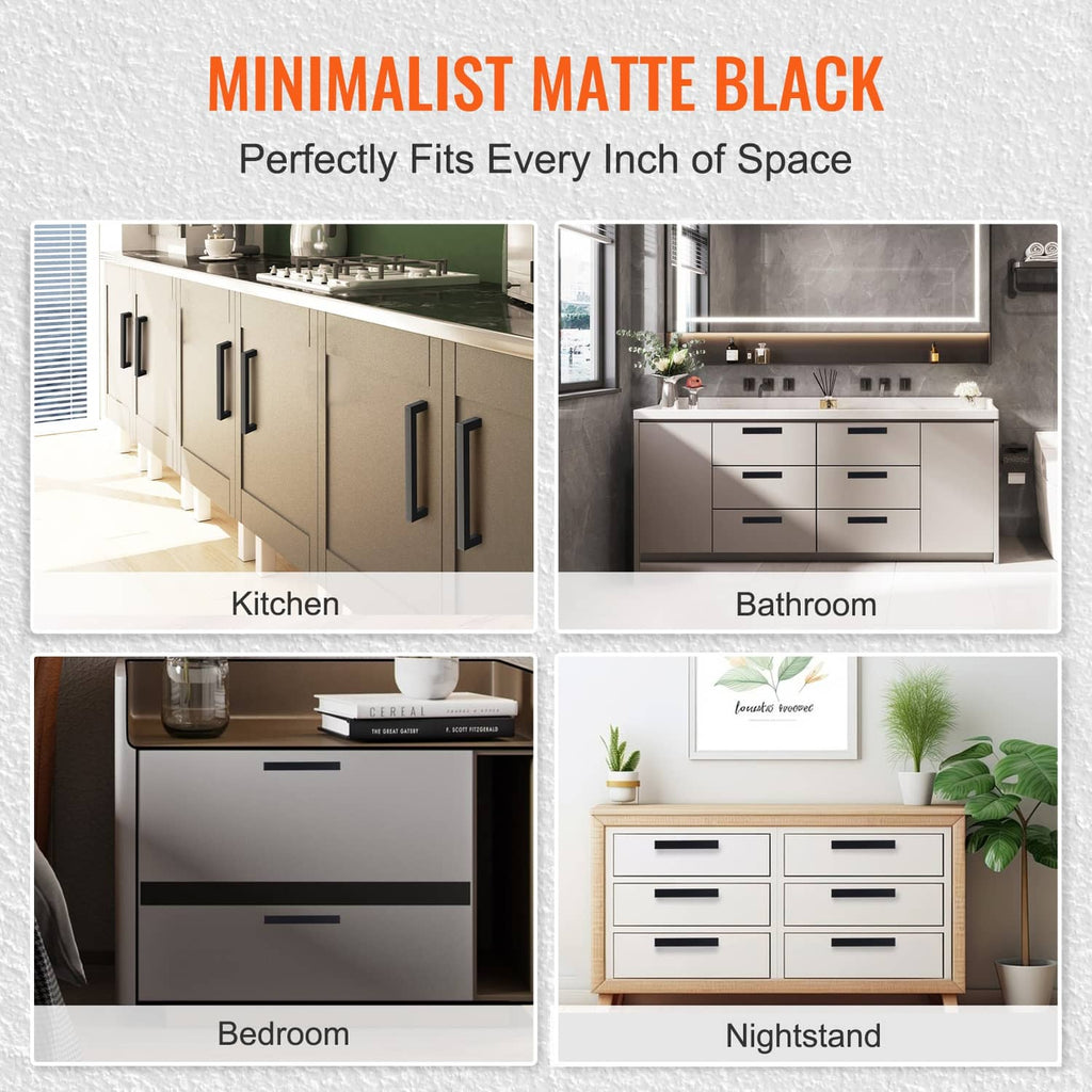 Matte black cabinet pulls for kitchen, bathroom, bedroom, and nightstand drawers