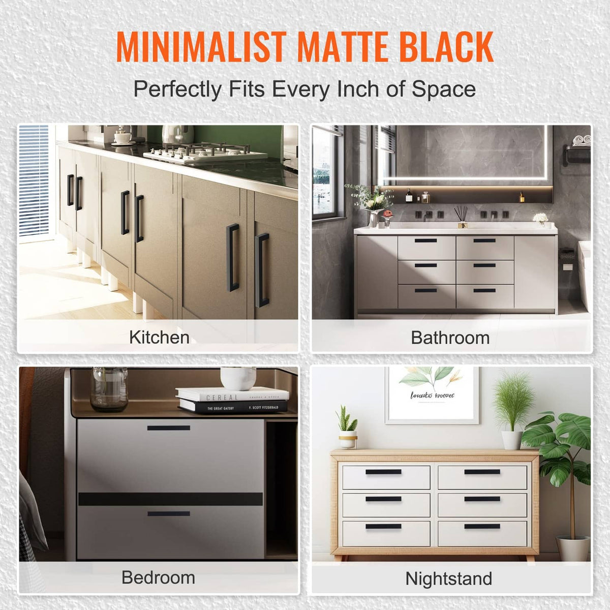 Matte black cabinet pulls for kitchen, bathroom, bedroom, and nightstand drawers