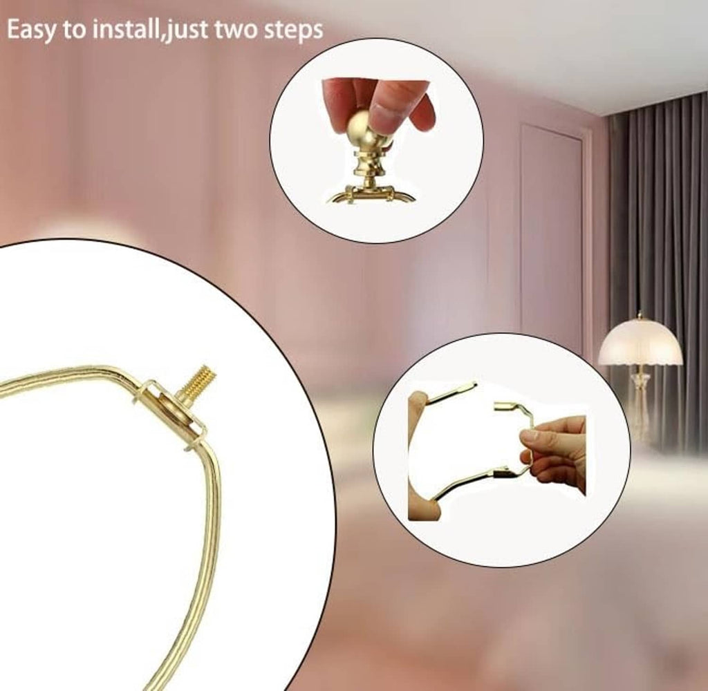 Polished brass lamp harp holder with install hands and screw connection detail