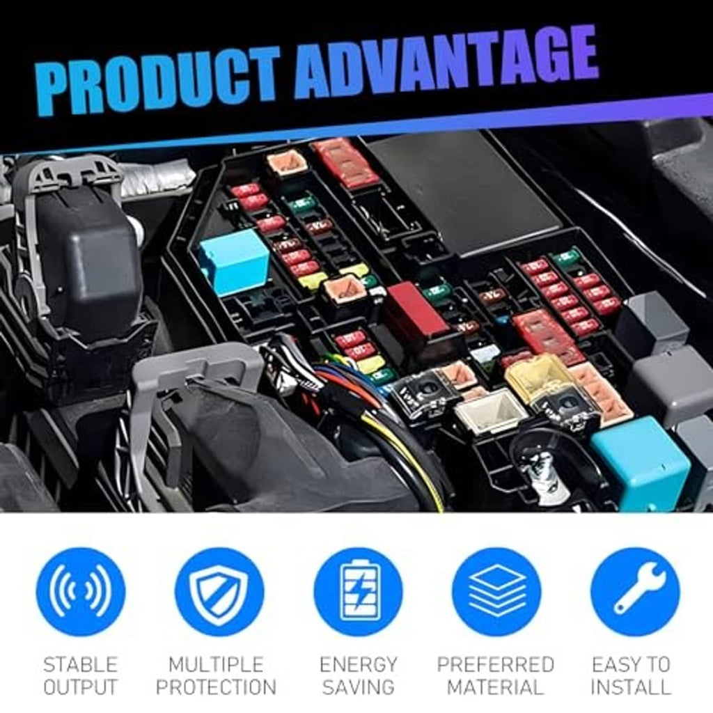 Automotive relay module with black housing, colorful circuit board, and terminal slots