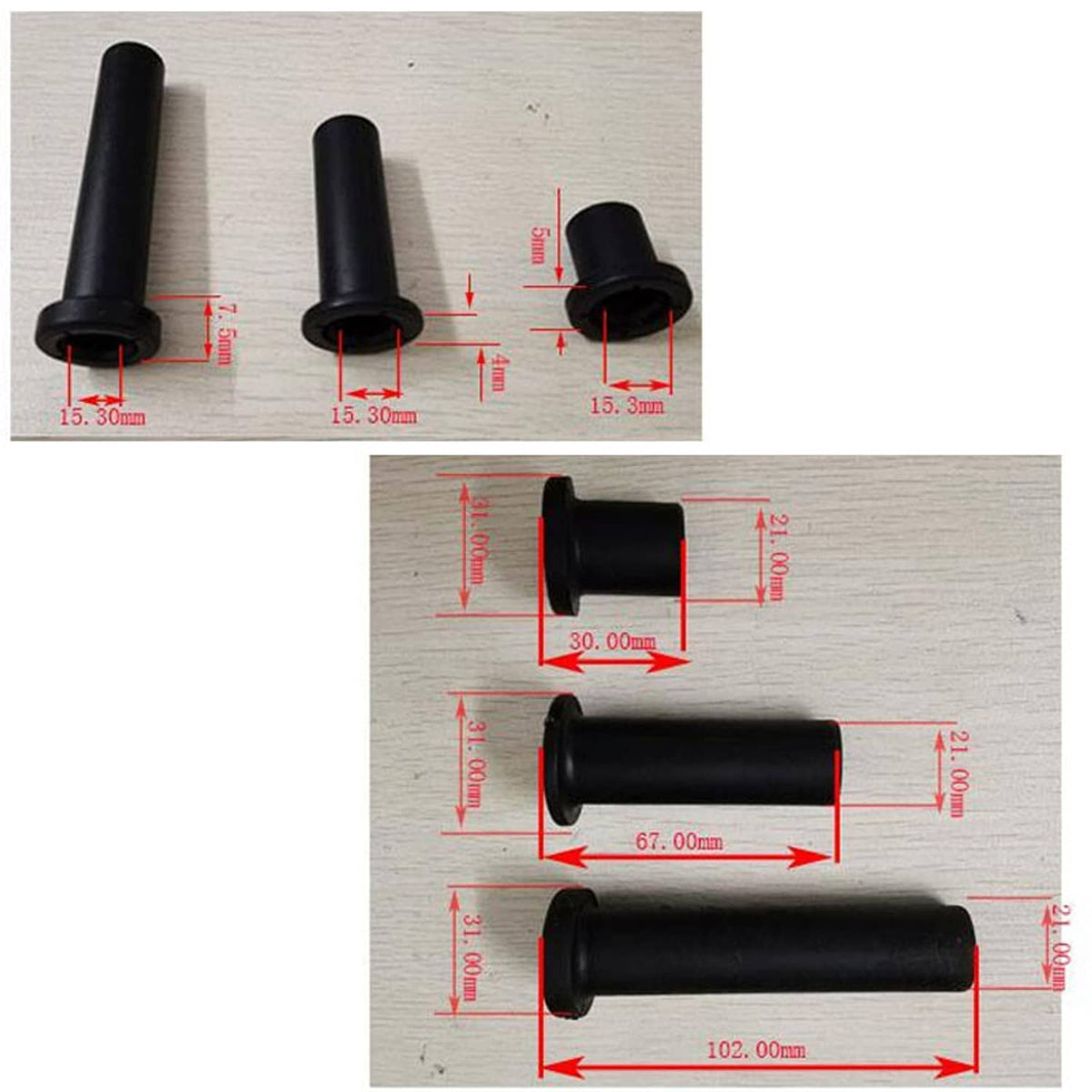 Black A-arm bushing sleeves with measured dimensions, rubber cylinder shapes