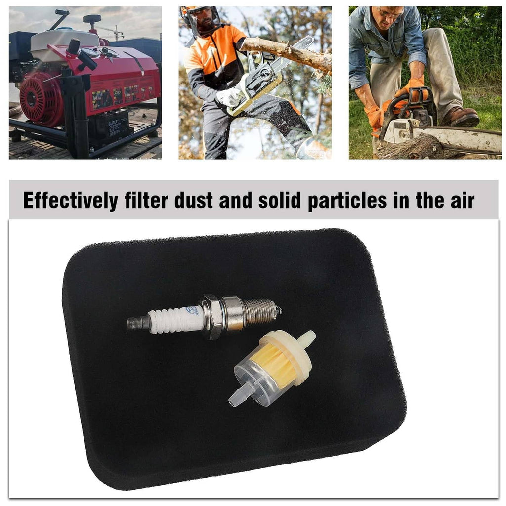Foam air filter with spark plug and yellow fuel filter cap, black square pad