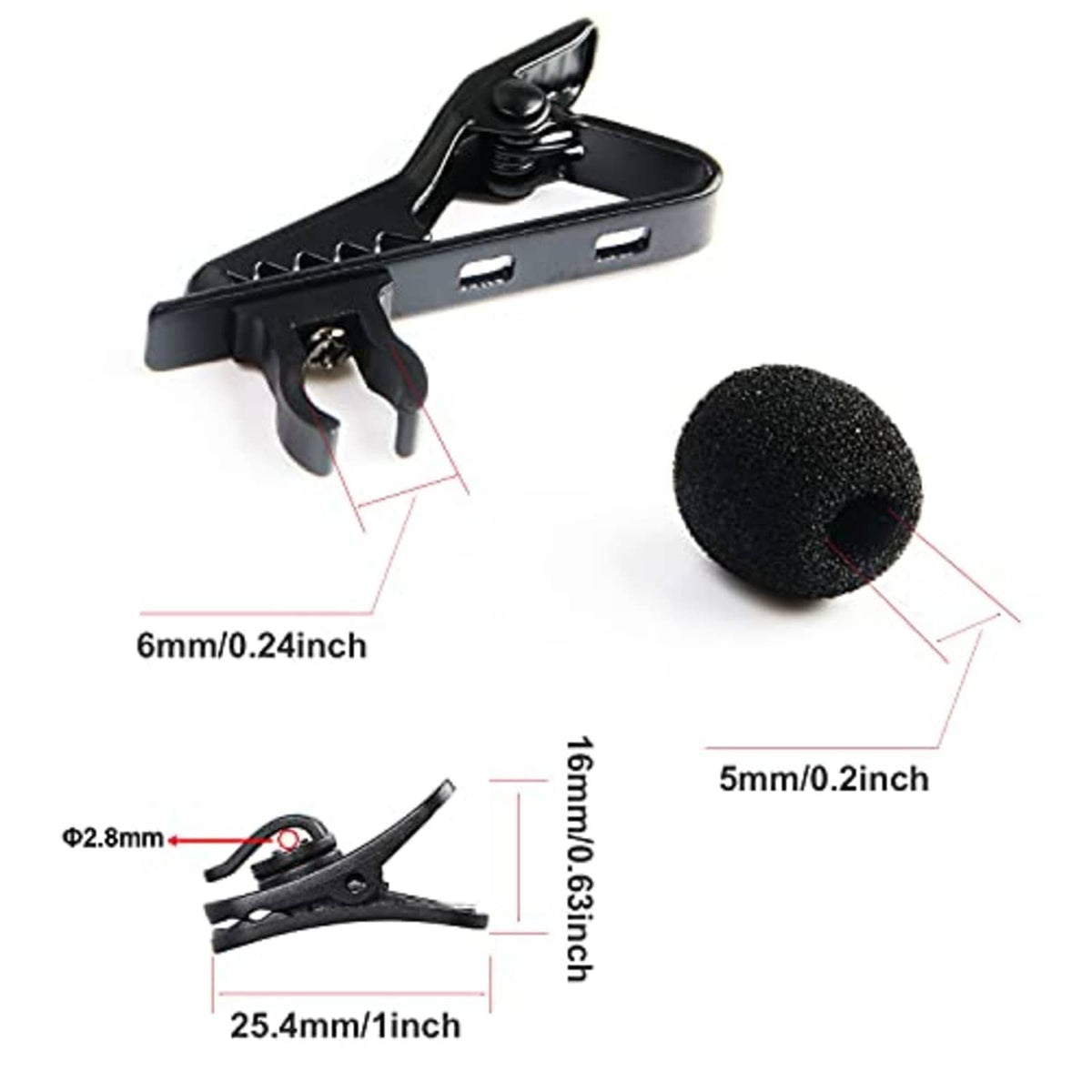 Black mic clip with foam windscreen; 6mm and 5mm size labels