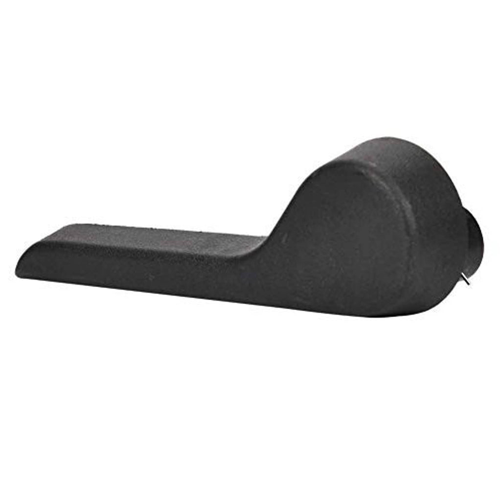 Black left front seat recliner lever handle, angled view with rounded tip