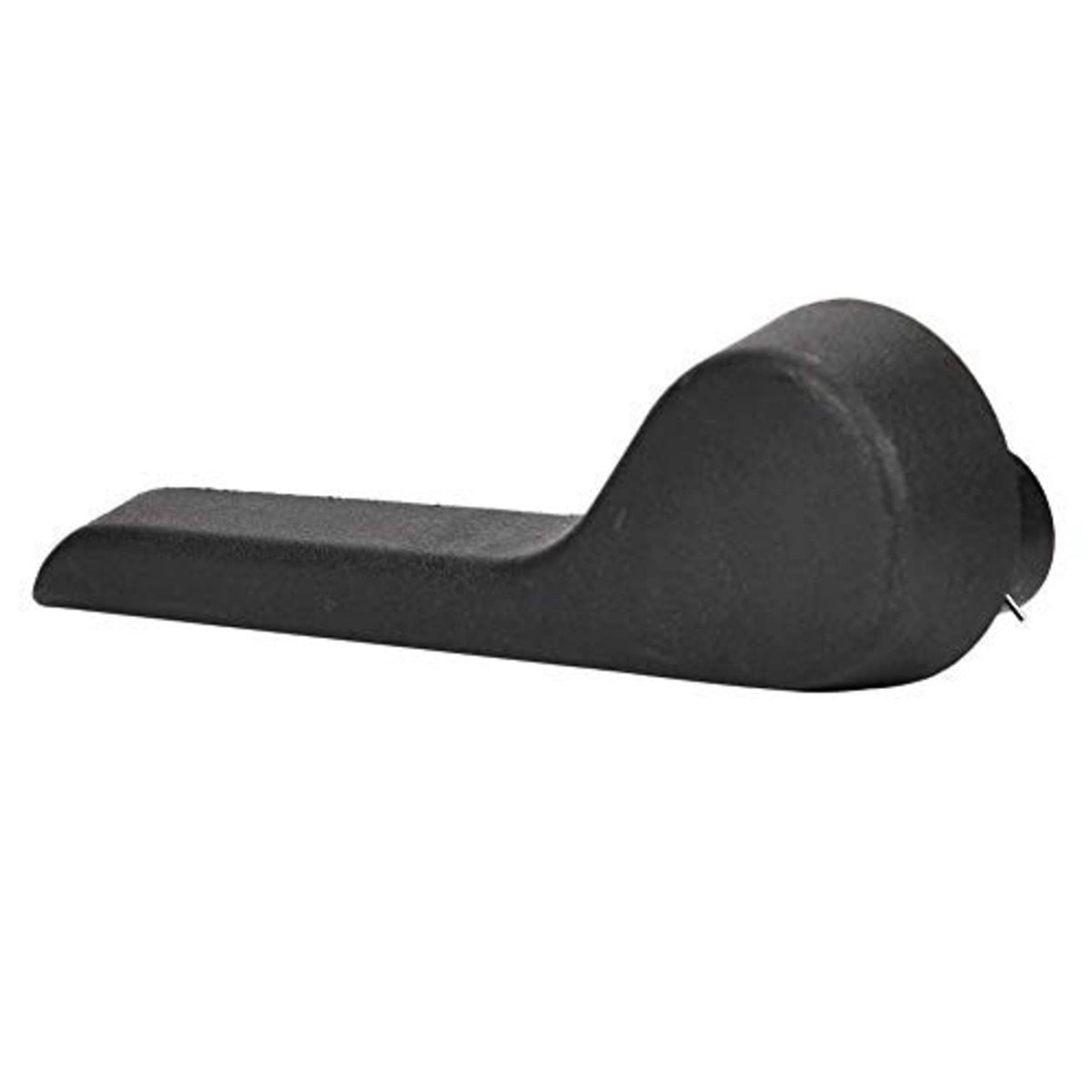 Black left front seat recliner lever handle, angled view with rounded tip