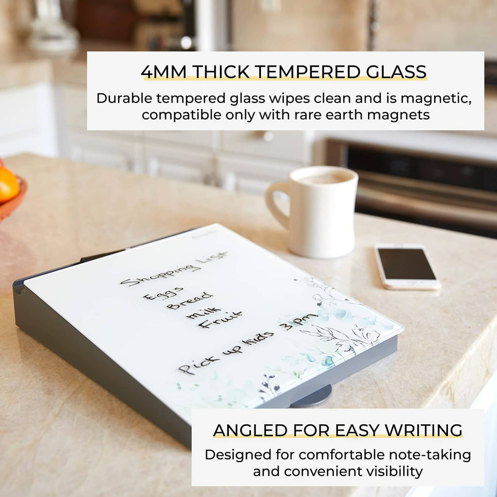 Angled botanical dry-erase glass memo board with handwritten notes on glass