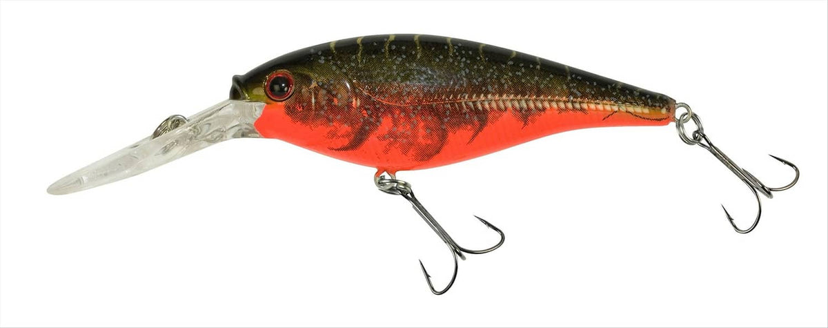 Red tiger crankbait fishing lure with clear lip and three treble hooks