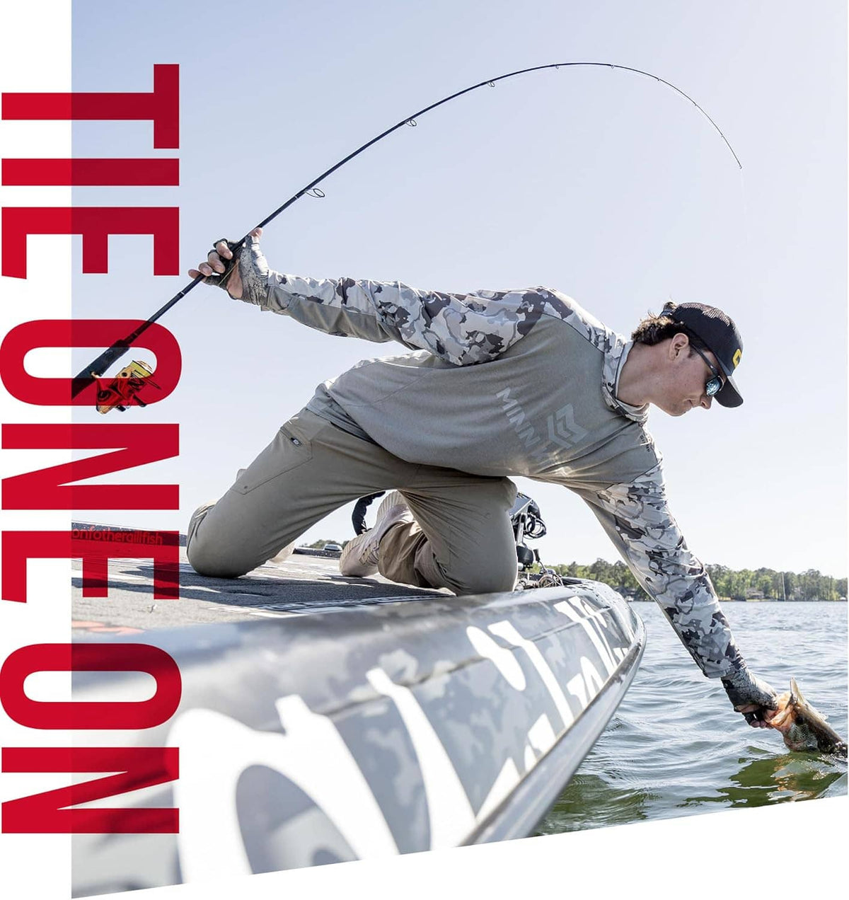 Casting angler on a boat with fishing line and hook visible