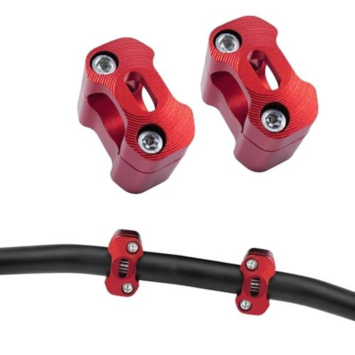 Red handlebar risers installed on black handlebars with four visible mounting bolts