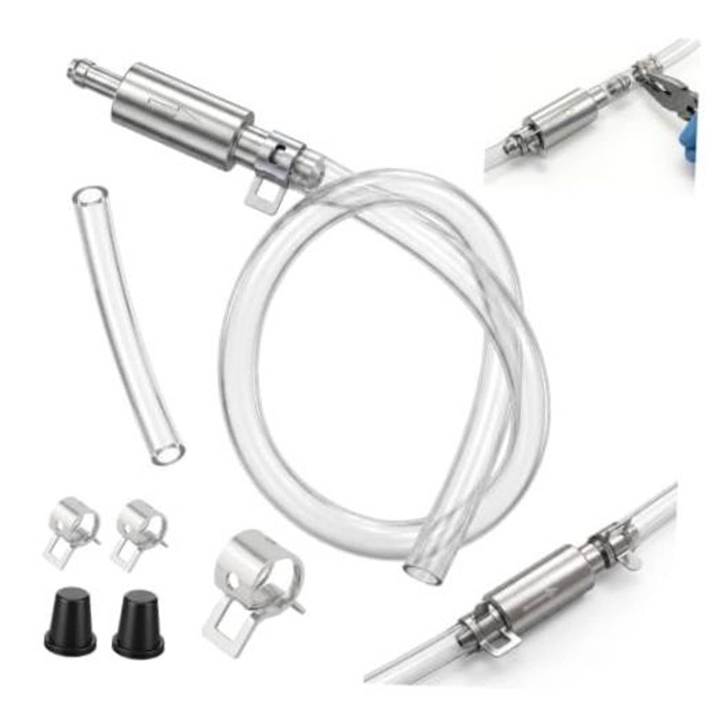 Brake bleeder hose kit with one-way check valve, clear tubing, metal fittings.
