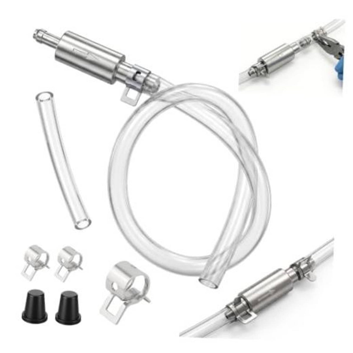 Brake bleeder hose kit with one-way check valve, clear tubing, metal fittings.