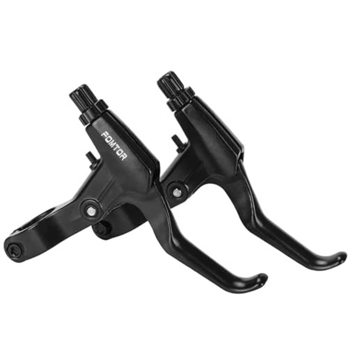 Two black bicycle brake levers with extended handle and clamp mounts, aluminum alloy