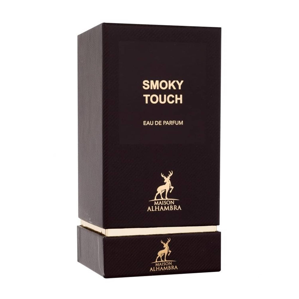 Smoky Touch Eau de Parfum box; dark brown with gold text and Maison Alhambra logo