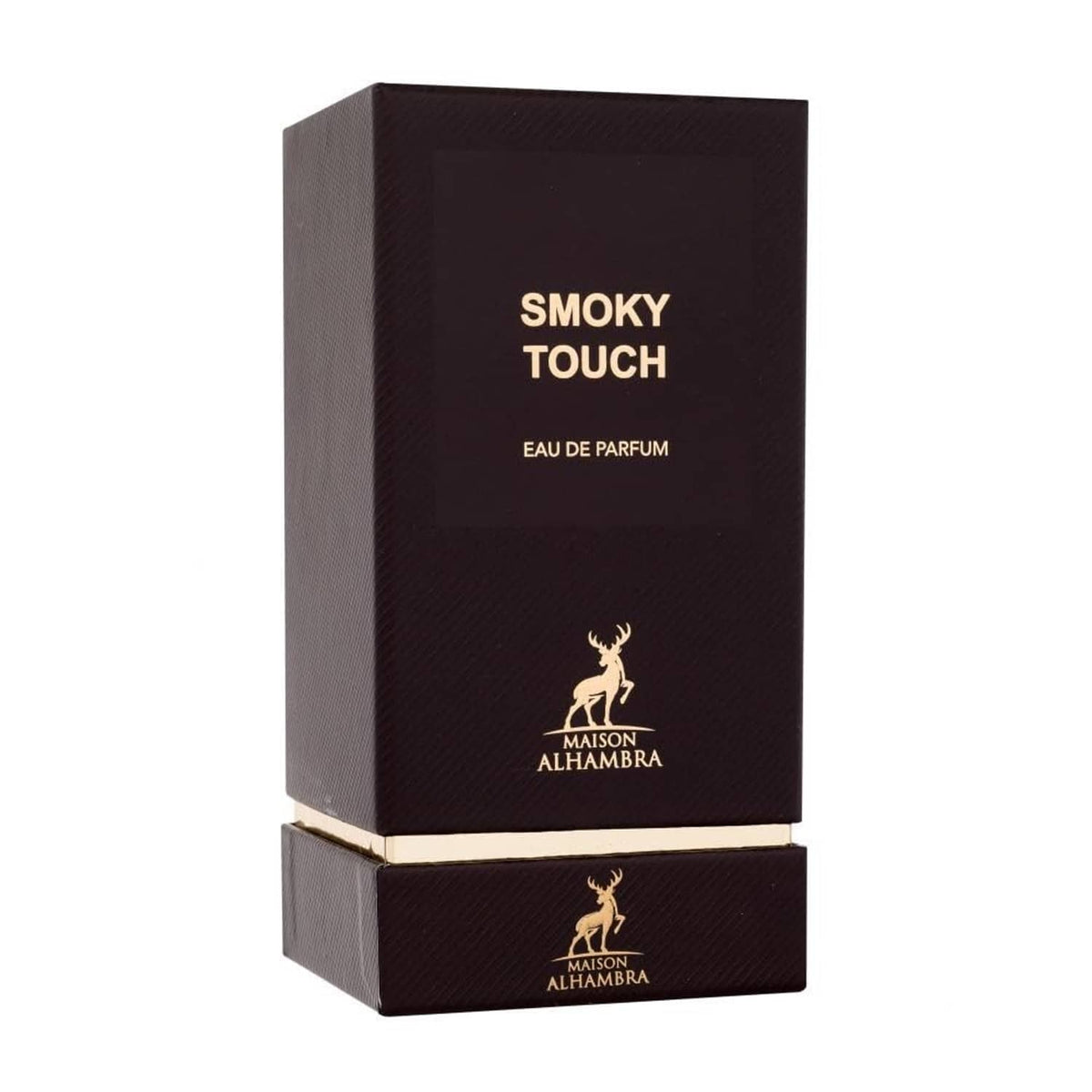 Smoky Touch Eau de Parfum box; dark brown with gold text and Maison Alhambra logo