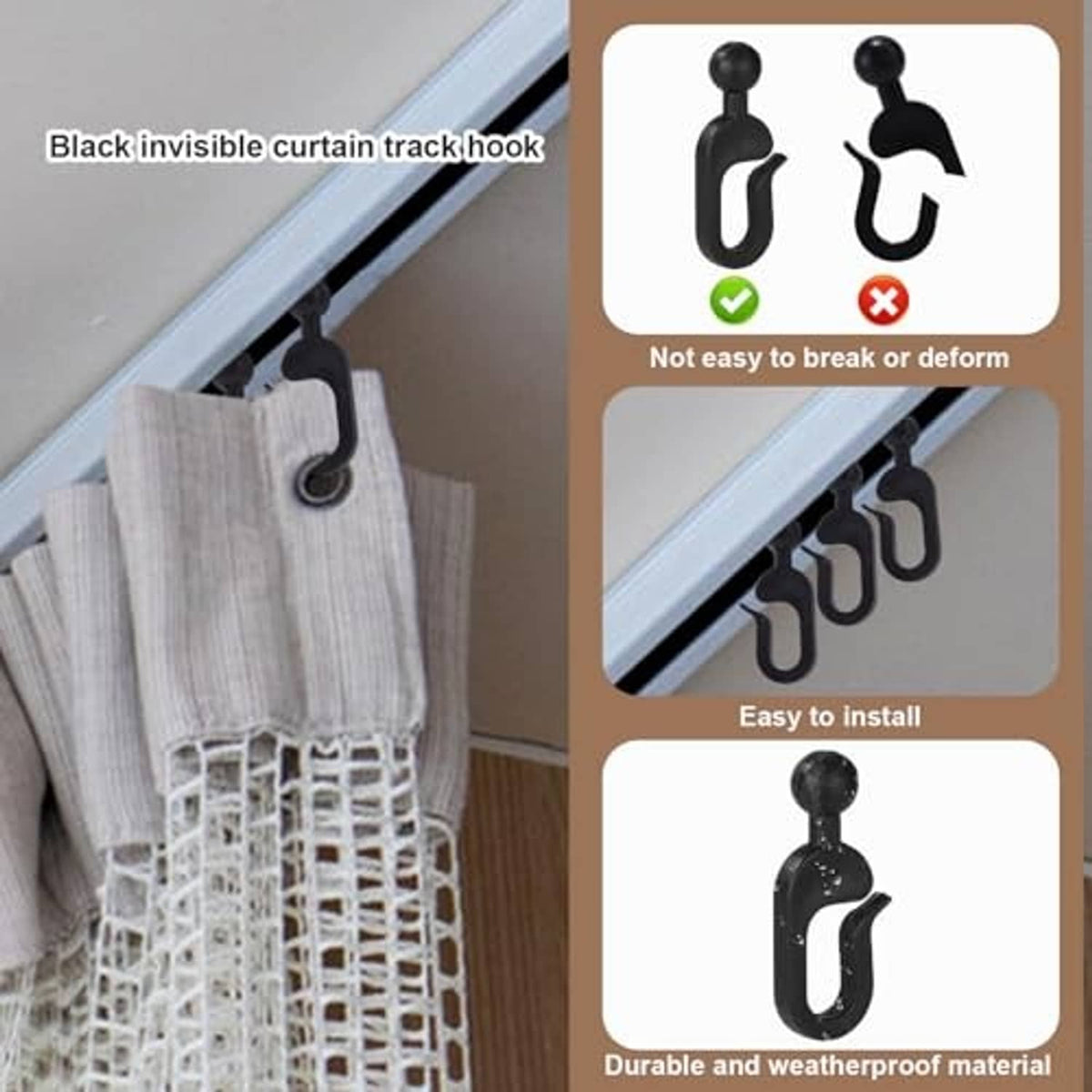 Black plastic curtain track hook attached to an overhead rail with sheer fabric