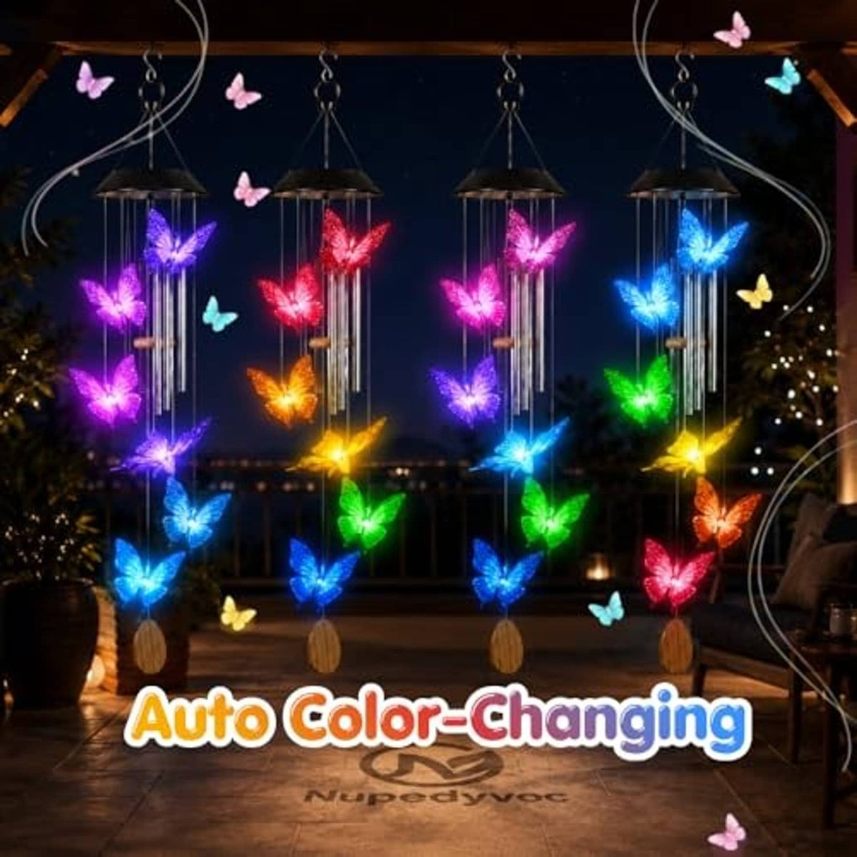 Solar LED wind chime with butterflies glowing in changing colors along aluminum tubes