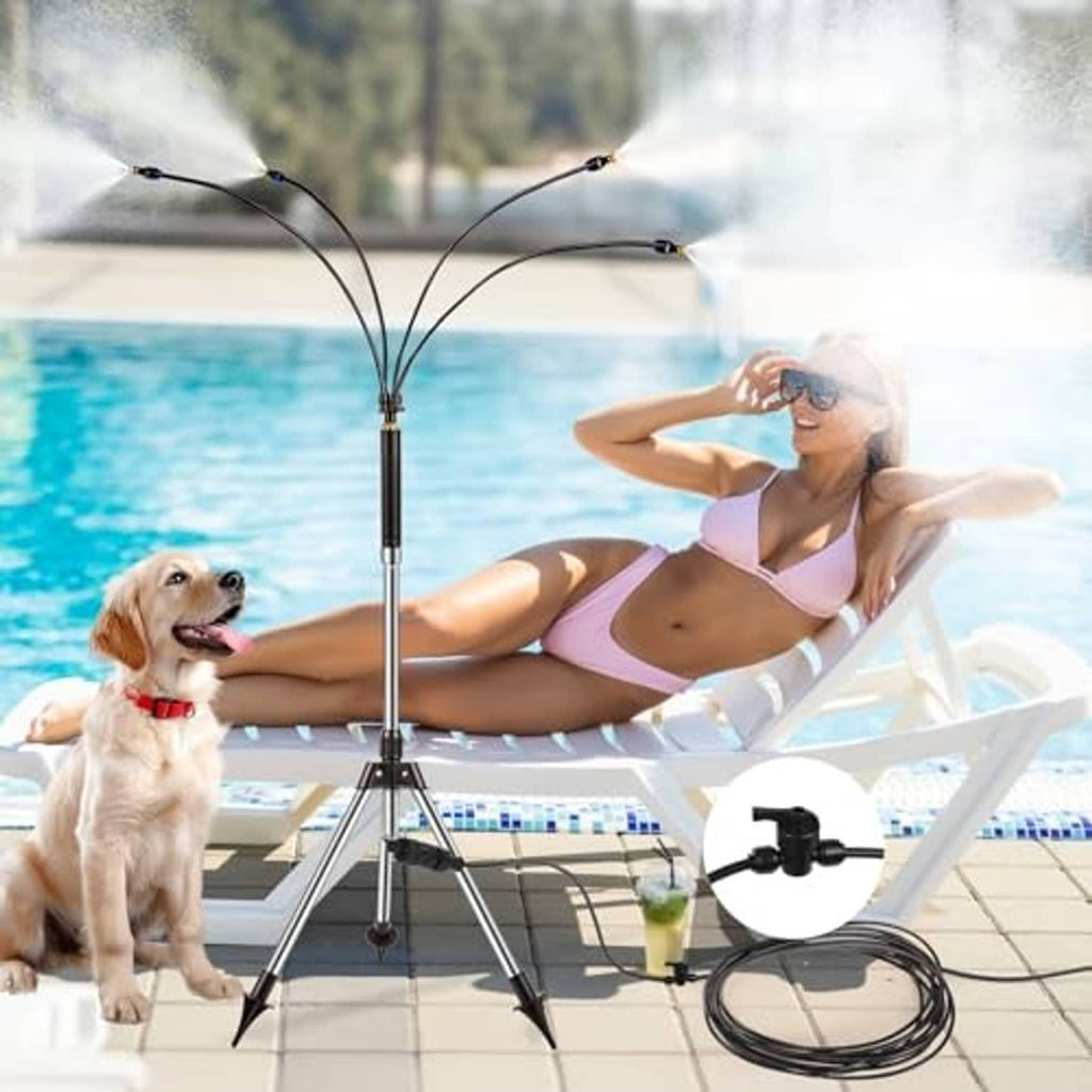 Outdoor standing patio misting tower with tripod legs, spray arms, and hose coil.