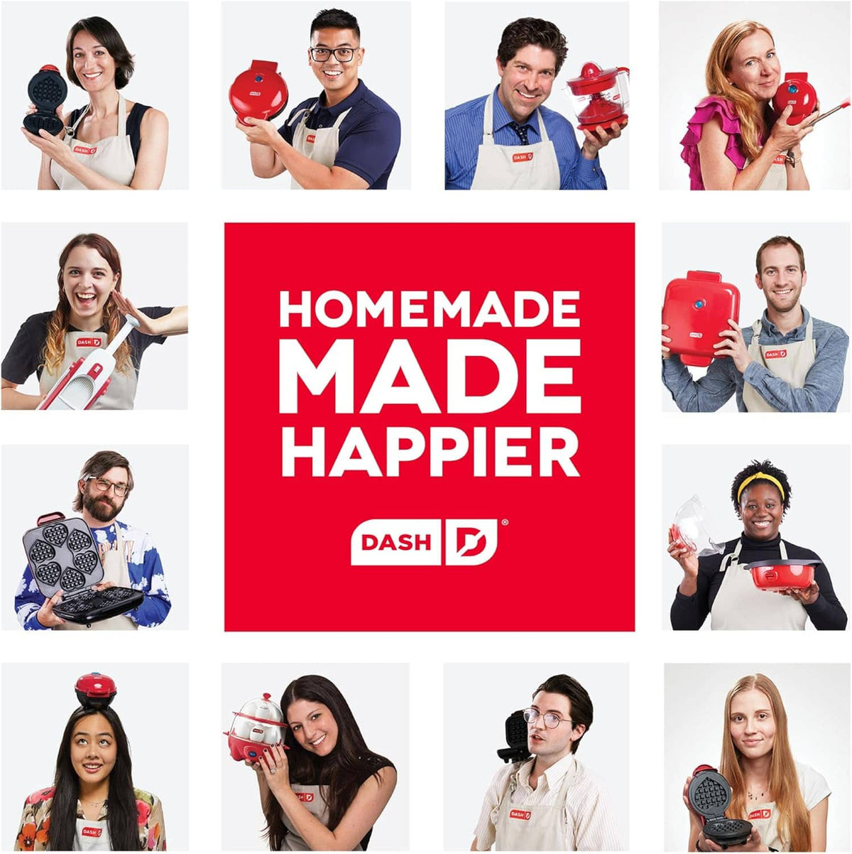 Dash mini waffle maker promotional collage with people holding the compact appliance