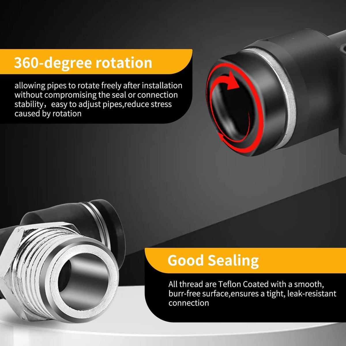 Black push-to-connect fitting body with silver threaded adapter, 360° rotation view