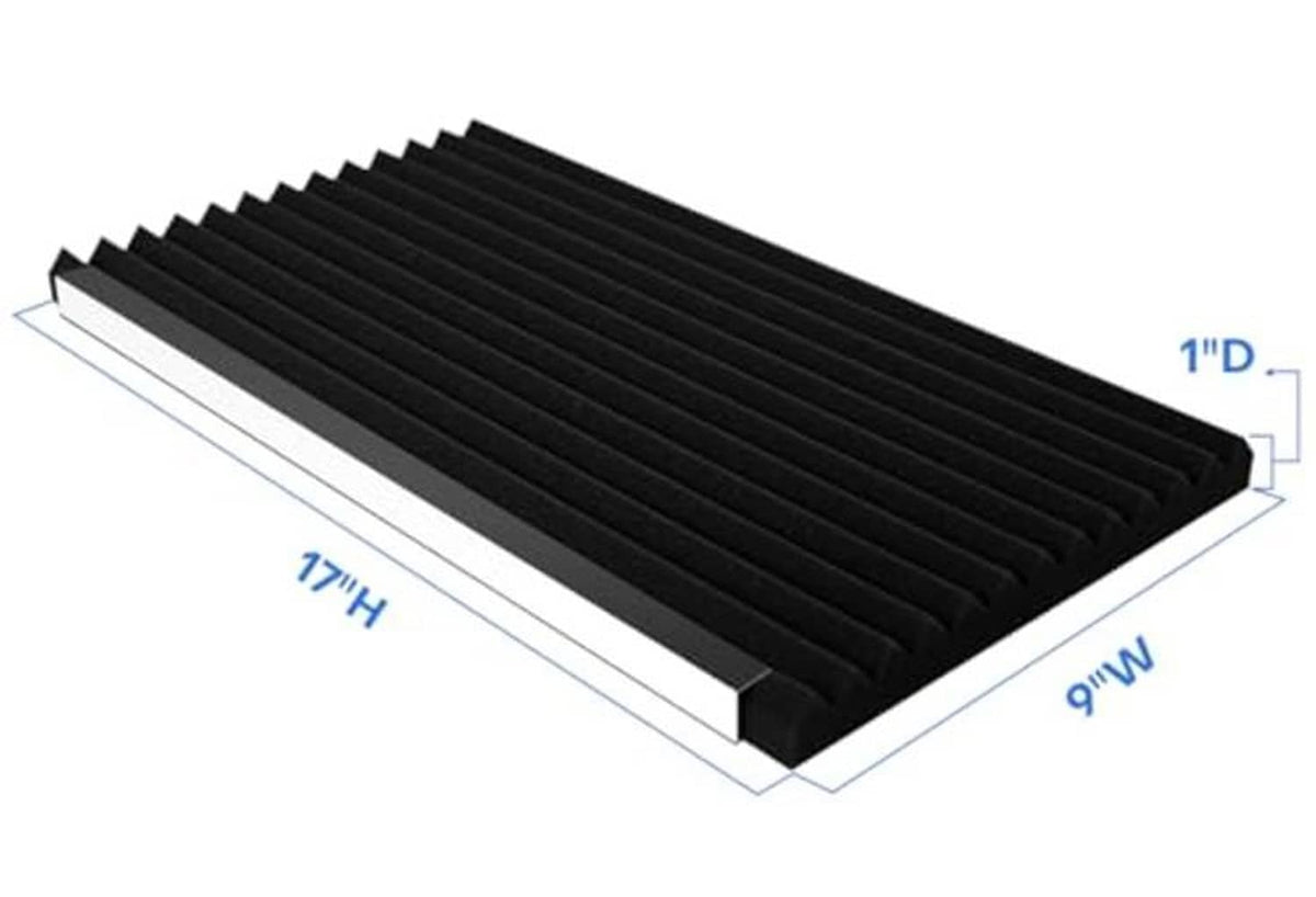 Black foam window seal panel with width and depth measurements