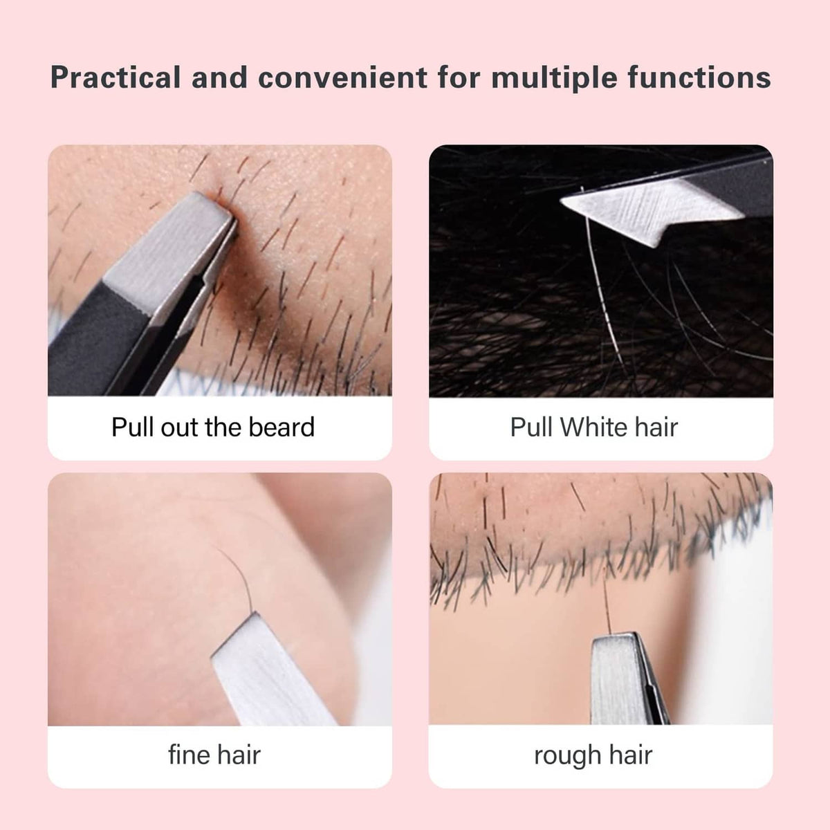 Black tweezers used on skin to pull fine or rough stray hair
