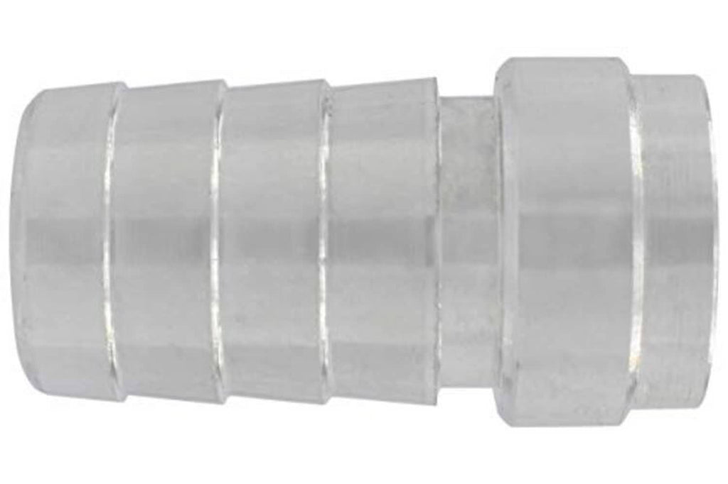 Aluminum weld barb hose fitting with two barbed sections and hex end collar, silver