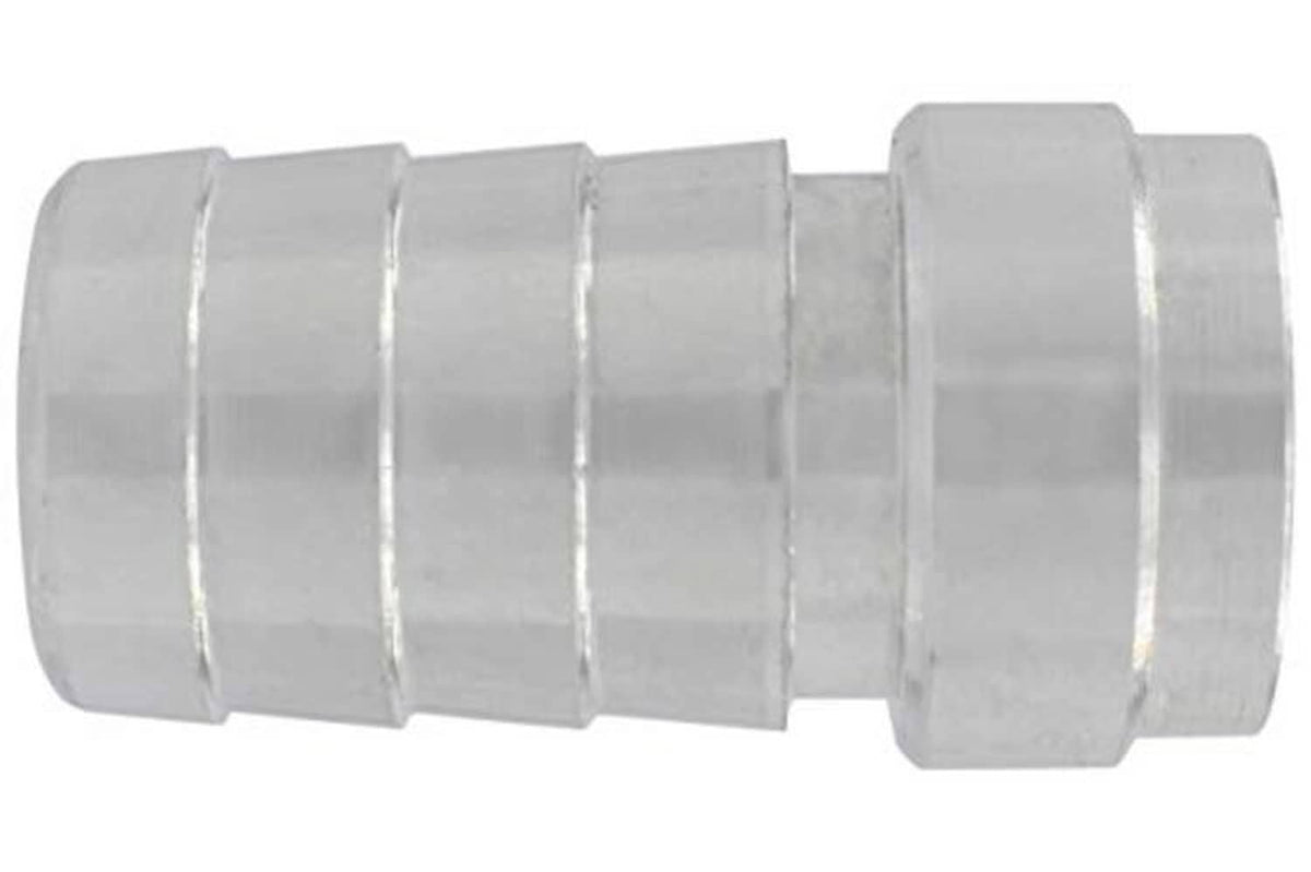 Aluminum weld barb hose fitting with two barbed sections and hex end collar, silver