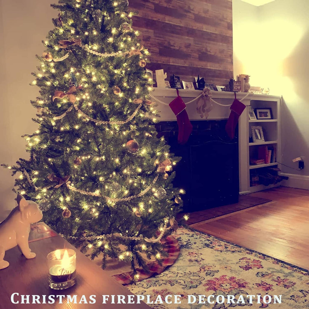 Faux wood wallpaper wall behind a Christmas tree, warm brown plank pattern