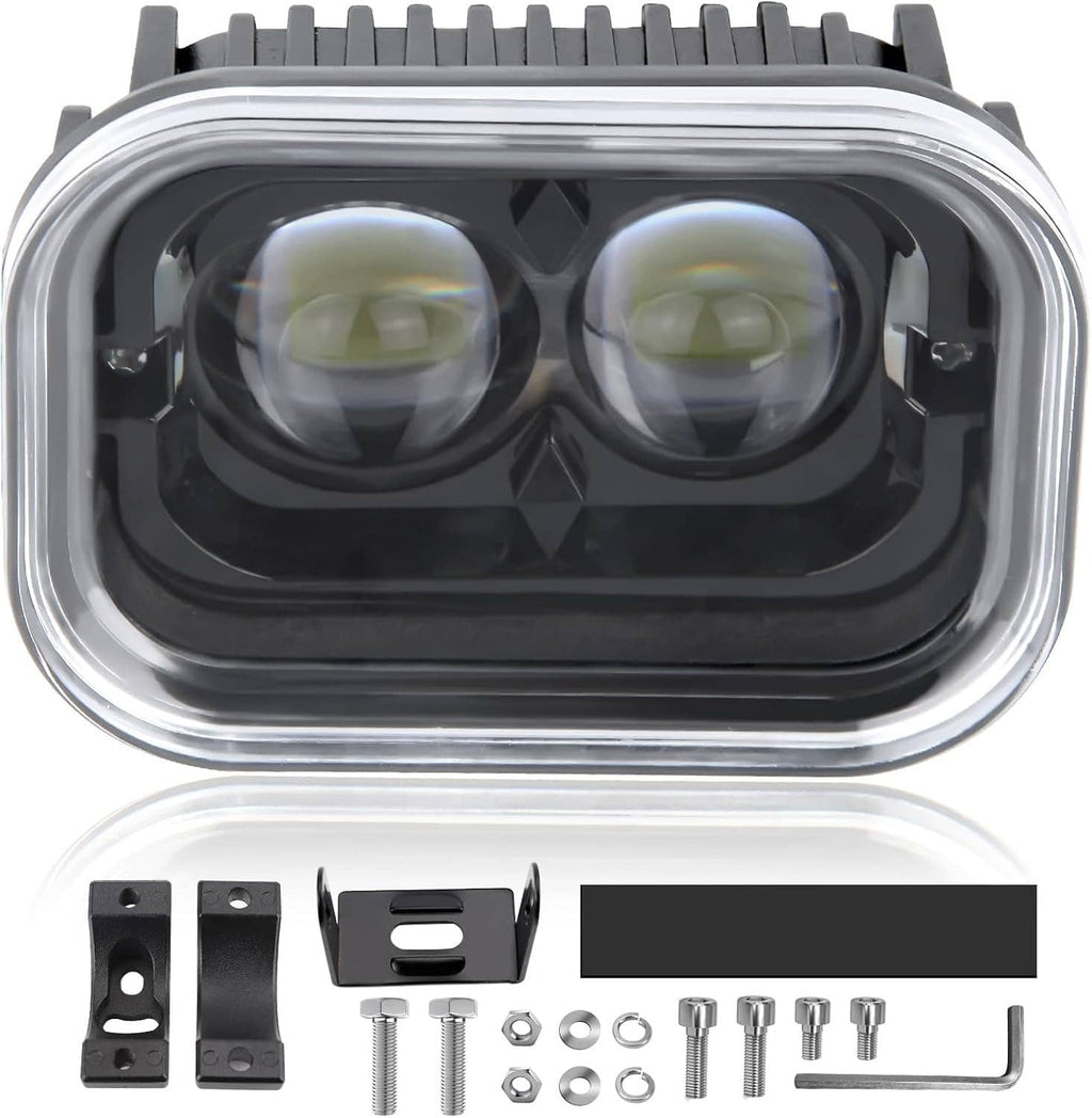 Dual-lens LED motorcycle driving light set with bracket, bolts, and mounting pieces