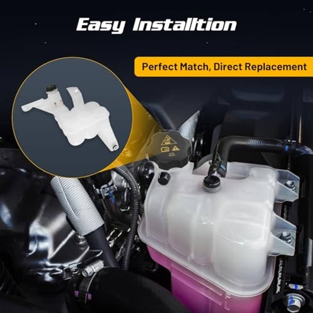 Engine coolant reservoir tank with cap and sensor installed in engine bay