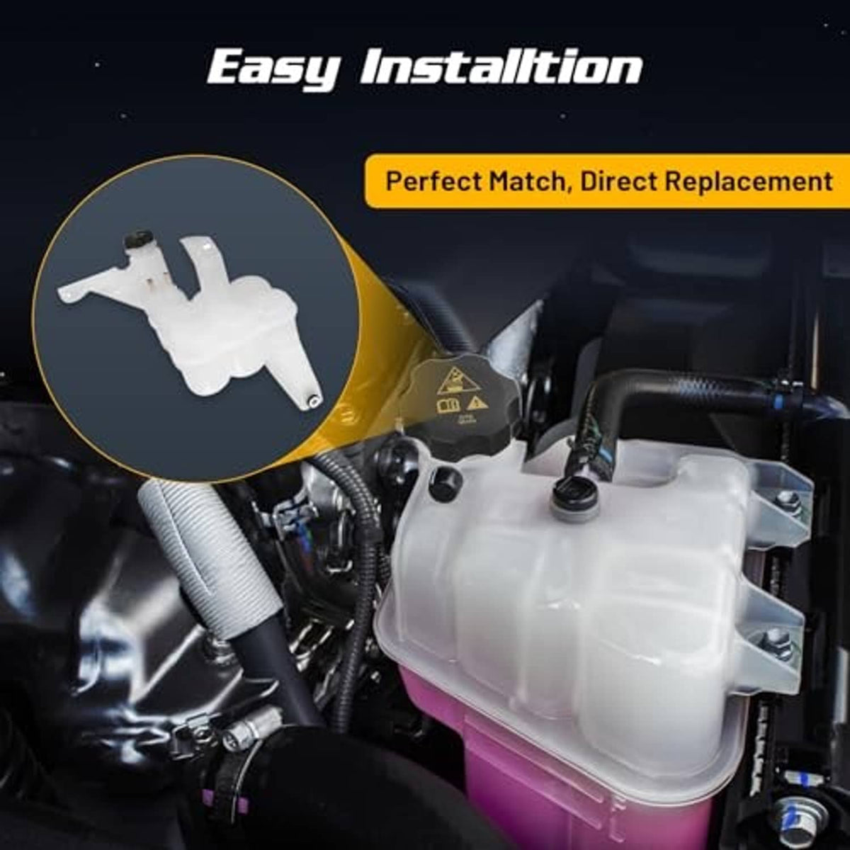Engine coolant reservoir tank with cap and sensor installed in engine bay
