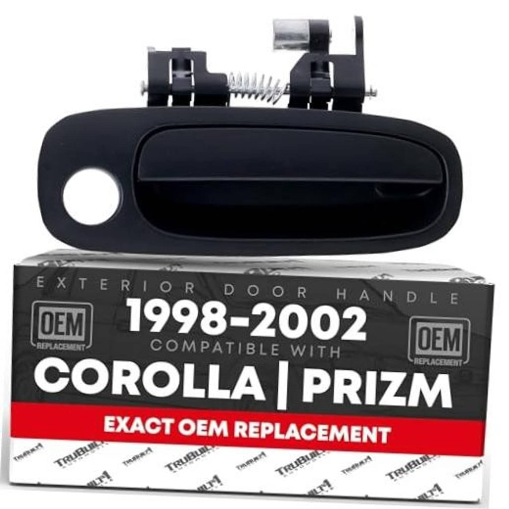 Black exterior front passenger door handle with oval bezel and mounting springs
