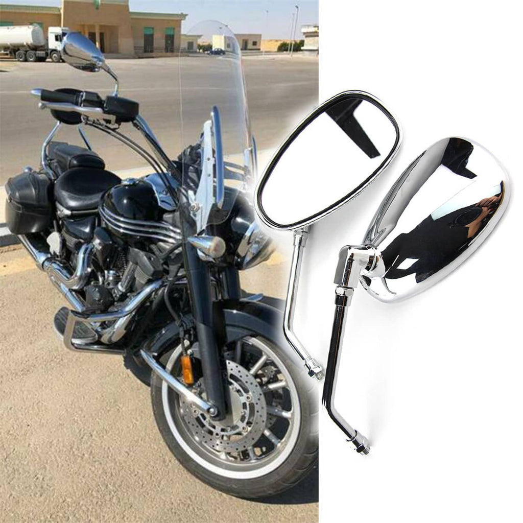 Chrome oval motorcycle mirrors with long stems attached near the handlebars