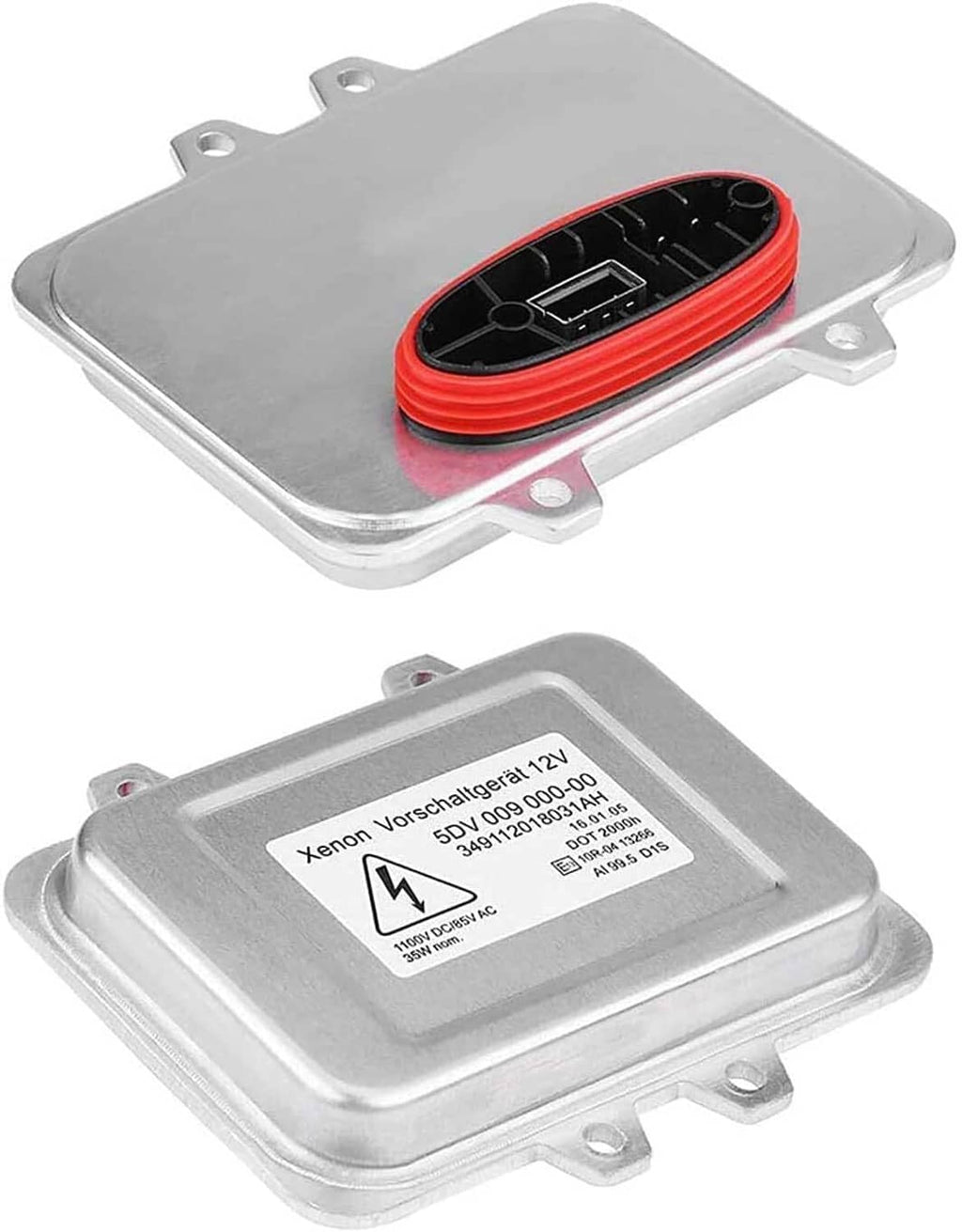 Xenon headlight ballast control unit with red-edged connector, silver metal housing